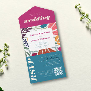Modern Boho Chic Retro Colorful Wedding All In One Invitation