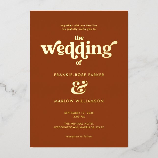 Modern Boho Chic Retro Wedding Gold Foil Invitation (Front)