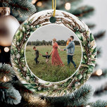 Modern Boho Chic Wreath Floral Christmas Photo Ceramic Ornament<br><div class="desc">Simply add your photo for a custom Christmas ornament this holiday season. Features elegant typography and watercolor floral botanical greenery border.</div>