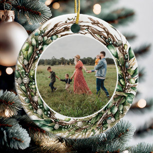 Modern Boho Chic Wreath Floral Christmas Photo Ceramic Ornament