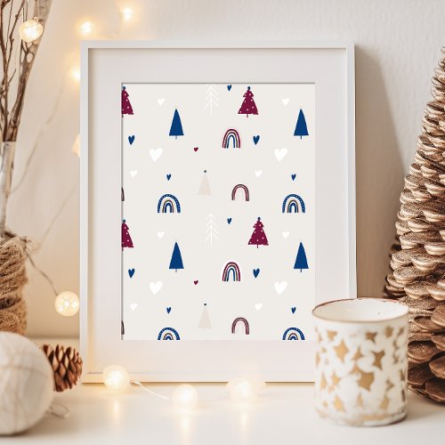 Modern Boho Christmas Blue  Beige Wall Art Print