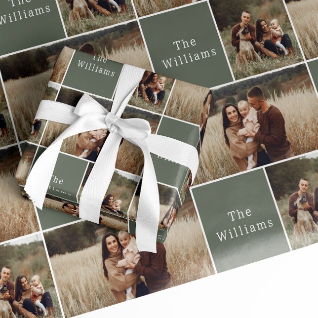 Modern Boho Christmas | Green Family Photo Collage Wrapping Paper (Creator Uploaded)