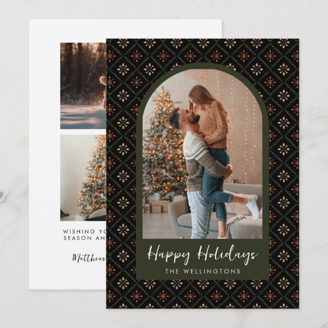 Modern Boho Christmas Holiday Pattern Arch Photo Card (Front/Back)