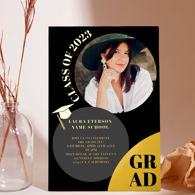 Modern boho circle black chic 5 photos graduation foil invitation (Creator Uploaded)