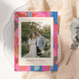 Modern Boho Colorful Red Floral Photo Wedding Save The Date