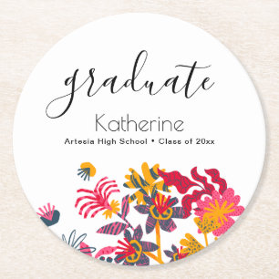 Modern Boho Colorful Wildflowers Grad Party Round Paper Coaster