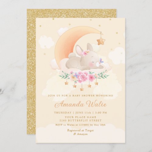 Modern Boho Cute Watercolor Bunny Girl Baby Shower Invitation