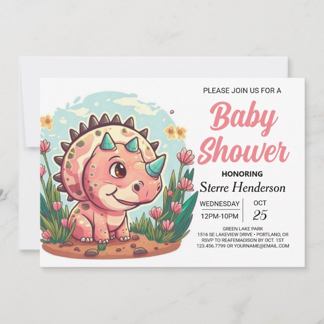 Modern Boho Dinosaur Girl Baby Shower Invitation (Front)