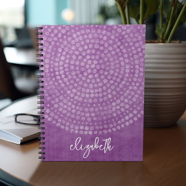 Modern Boho Dot Pattern purple bounce script name Notebook (Personalized notebook with custom text - add your name and other options)