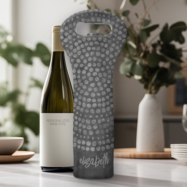 Modern Boho Dot Pattern with bounce script name Wine Bag (Personalized Wine Tote - Add Your Name or Customize completely in the advanced design area)
