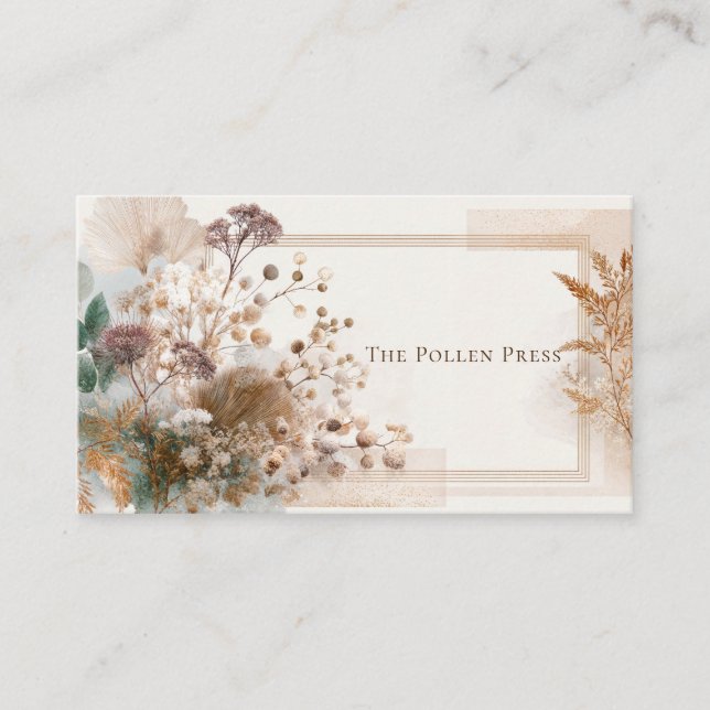 Modern Boho Dried Flower Gold Glitter Frame Business Card (Front)
