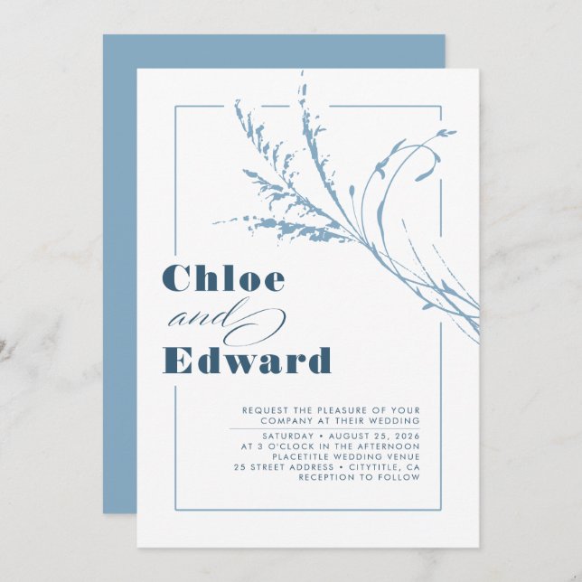 Modern Boho Dusty Blue and Navy Wedding Invitation (Front/Back)