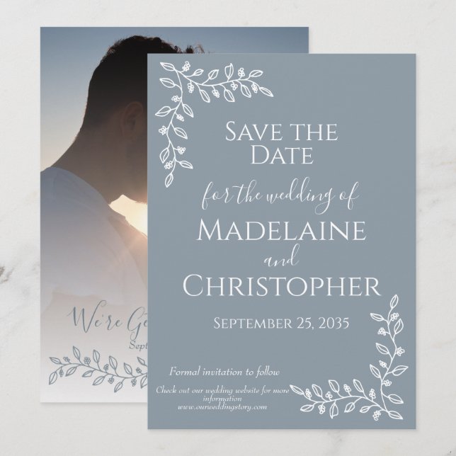 Modern Boho Dusty Blue Botanical Photo Wedding Save The Date (Front/Back)