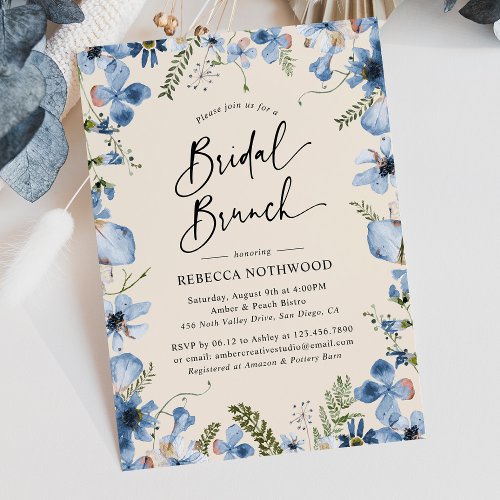 Modern Boho Dusty Blue Floral Bridal Brunch Shower Invitation