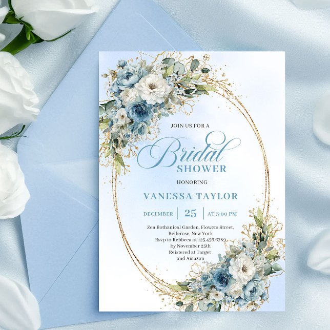 Modern Boho Dusty Blue Flowers Gold Bridal Shower Invitation (Modern Dusty Blue Flowers Gold Bridal Shower Invite)