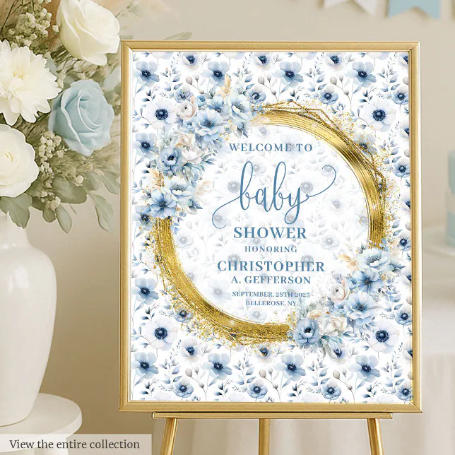 Modern Boho Dusty Blue Gold Baby Shower Welcome Foam Board | Zazzle