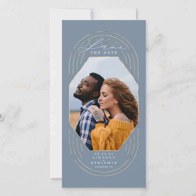 Modern Boho Dusty blue & Gold Save The Date Photo (Front)