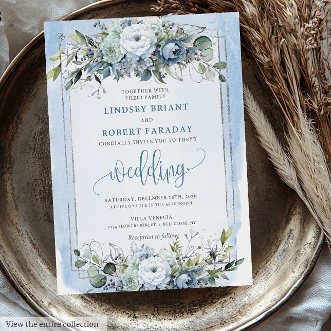 Modern Boho Dusty Blue White Silver Roses Wedding  Invitation (Modern Boho Dusty Blue White Silver Roses Wedding Invitation)