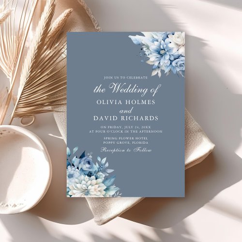 Modern Boho Dusty Blue Wildflowers Wedding Invitation