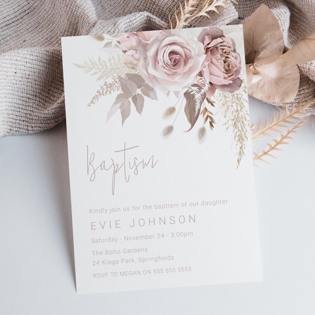 Modern Boho Dusty Rose & Blush Floral Baptism Invitation (Creator Uploaded)