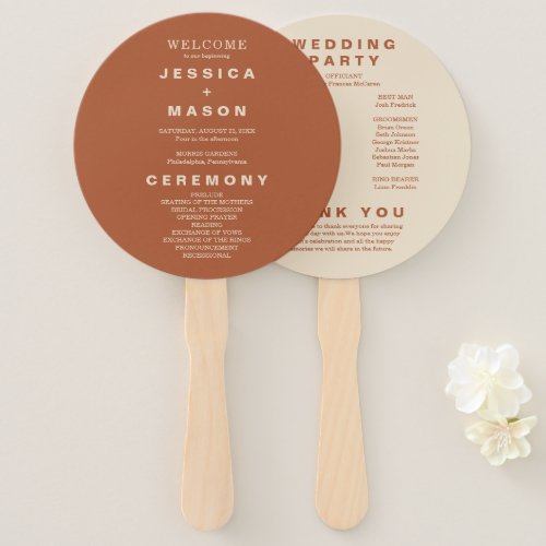 Modern Boho Earth Tone Circle Wedding Program Hand Hand Fan