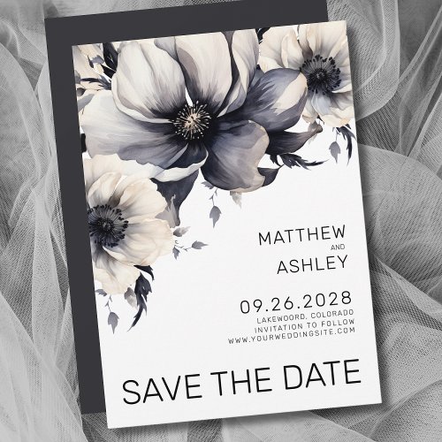 Modern Boho Elegant Black White Floral Wedding Save The Date