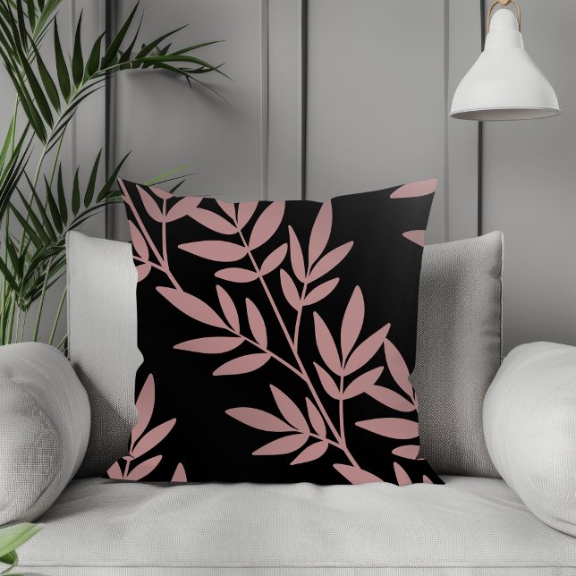 Modern Boho Elegant Mauve Leaf Pattern Black Throw Pillow (Creator Uploaded)