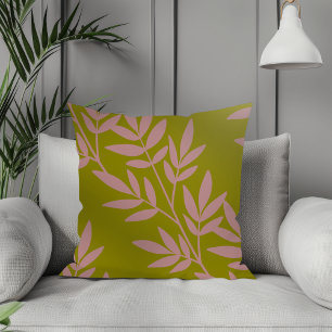 Modern Boho Elegant Mauve Leaf Pattern Olive Throw Pillow