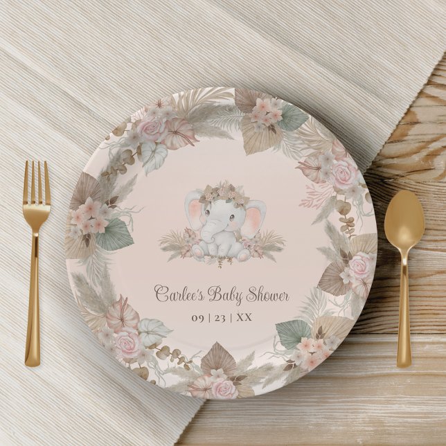 Modern Boho Elephant Gender Neutral Baby Shower Paper Plates (Cute Boho Elephant Paper Plates with Pampas Grass Floral Design)