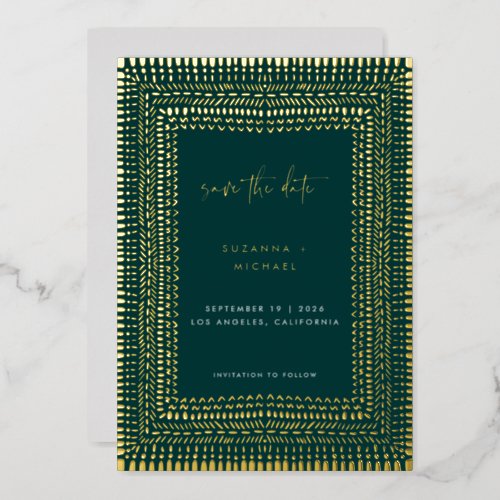 Modern Boho Emerald Green Frame Wedding Save Date Foil Invitation