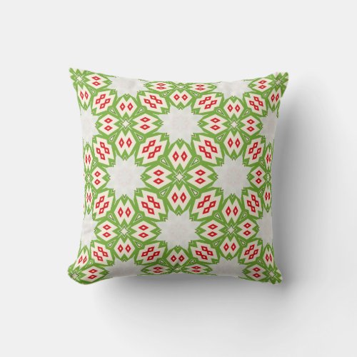 Modern Boho Ethnic Mosaic Green Red White Pattern Throw Pillow