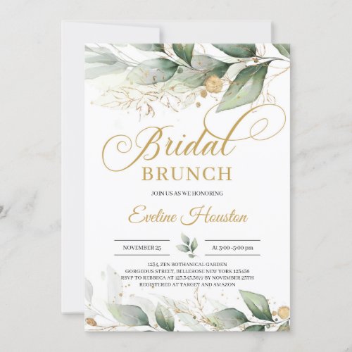 Modern boho eucalyptus gold leaves bridal brunch invitation