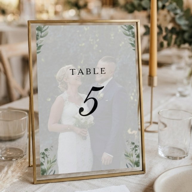 Modern Boho Eucalyptus Leaves & Photo Wedding Table Number (Creator Uploaded)