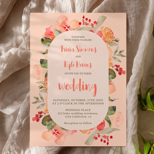 Modern Boho fall terracotta blush floral wedding Invitation