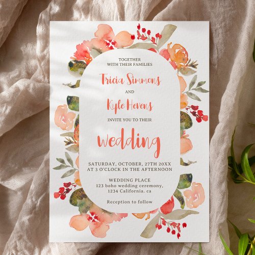 Modern Boho fall terracotta floral script wedding Invitation