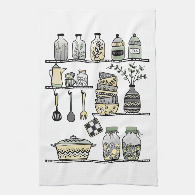 Modern Boho Farmhouse Kitchen Shelf Illustration  Kitchen Towel (Vertical)