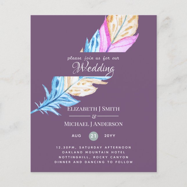 Modern Boho Feather Colorful Budget Wedding Invite (Front)