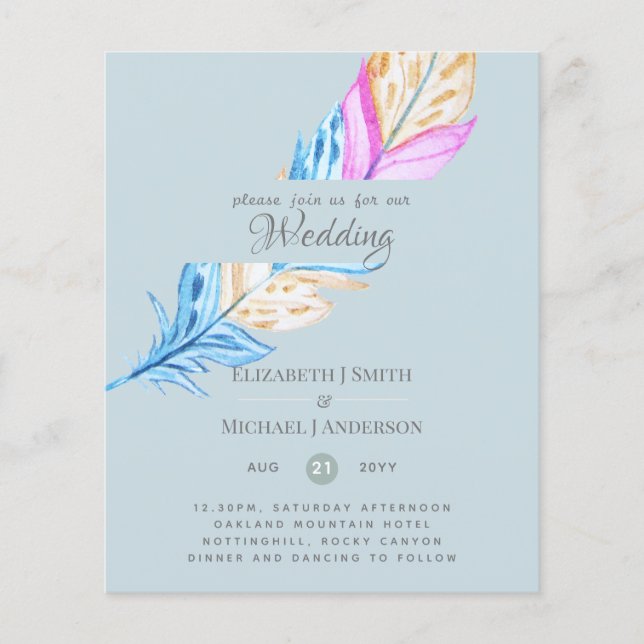 Modern Boho Feather Colorful Budget Wedding Invite (Front)