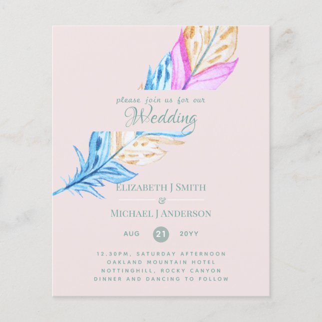 Modern Boho Feather Colorful Budget Wedding Invite (Front)