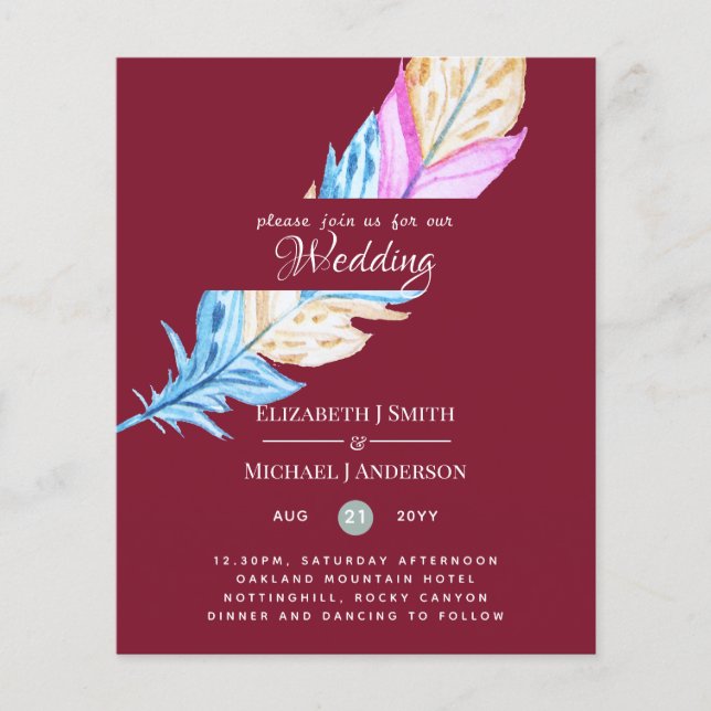 Modern Boho Feather Colorful Budget Wedding Invite (Front)