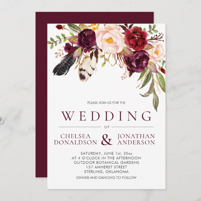 Modern Boho Feathers Marsala Floral Wedding Invitation (Front/Back)