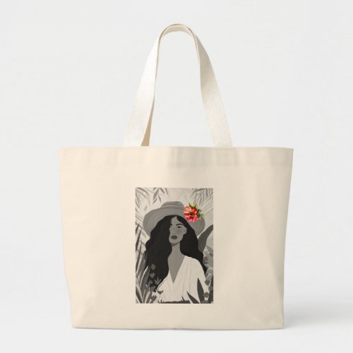Modern Boho Female Portrait in Black and White Large Tote Bag