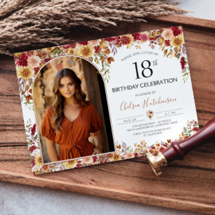 Modern Boho Floral 18th Birthday Party Photo Invitation