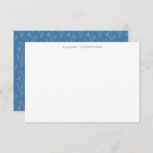 Modern Boho Floral Art Blue Personalized Name Note Card