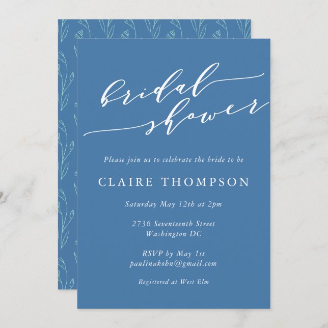 Modern Boho Floral Art Blue Script Bridal Shower Invitation (Front/Back)