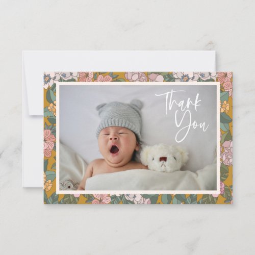 Modern Boho Floral Baby Photo Baby Shower Thank You Card