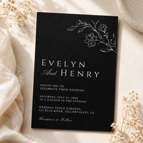 Modern Boho Floral Black and White Wedding Invitation