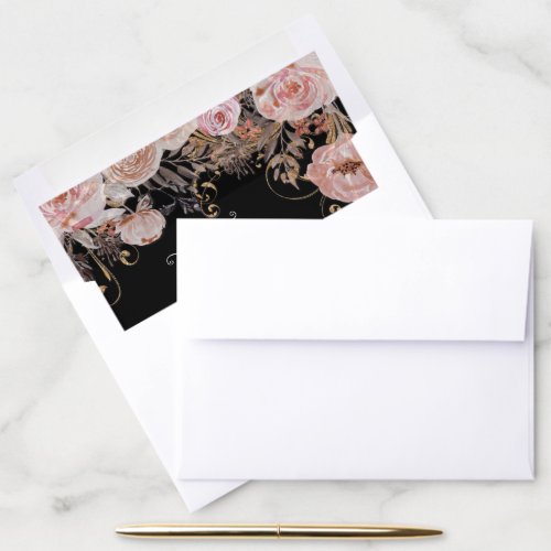 Modern Boho Floral Blush Rose Gold Wedding Invite Envelope Liner