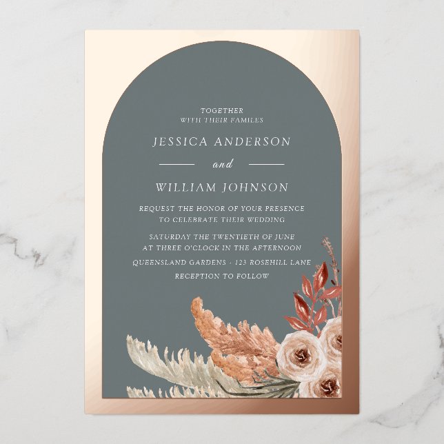 Modern Boho Floral Bohemian Wedding Rose Gold Foil Invitation (Front)