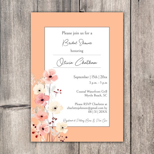 Modern Boho Floral Bridal Shower  Peach Invitation